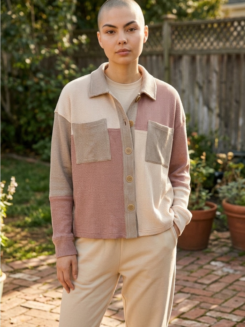 Mystree Colorblock Waffle Knit Cardigan in Blush, Beige, Taupe
